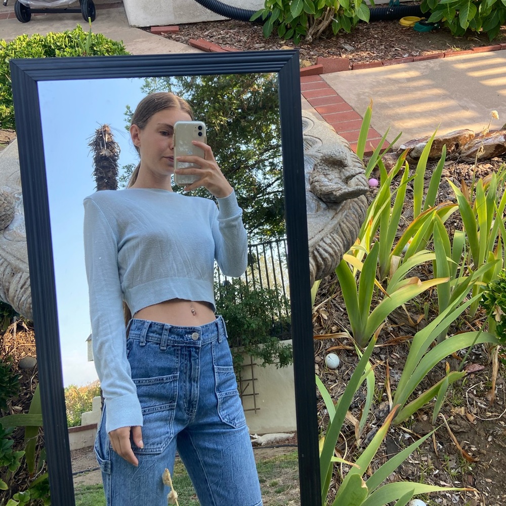 AMERICAN APPAREL SIZE M BUT FITS LIKE XS LONG SLEEVE BLUE SHEER TOP